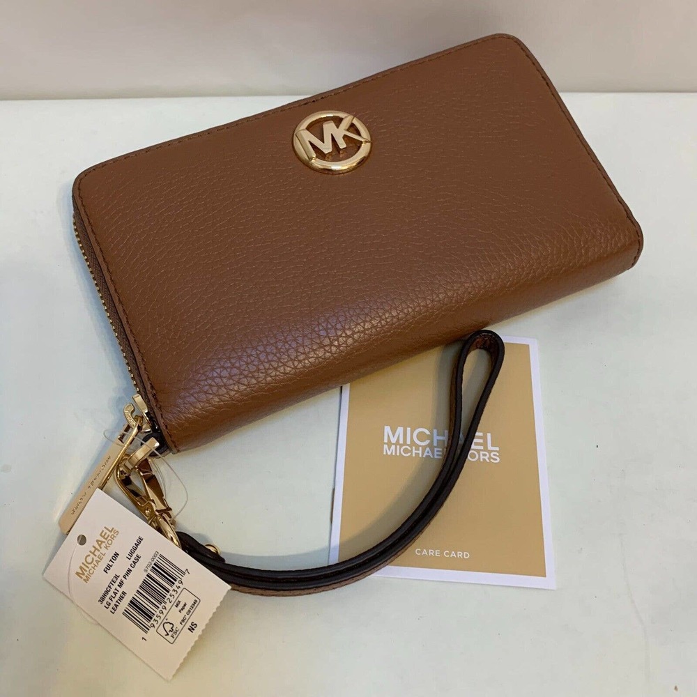 SOLD! MICHAEL KORS FULTON Large Phone Wristlet Wallet Acorn Brown Leather NWT - Picture 2 of 11